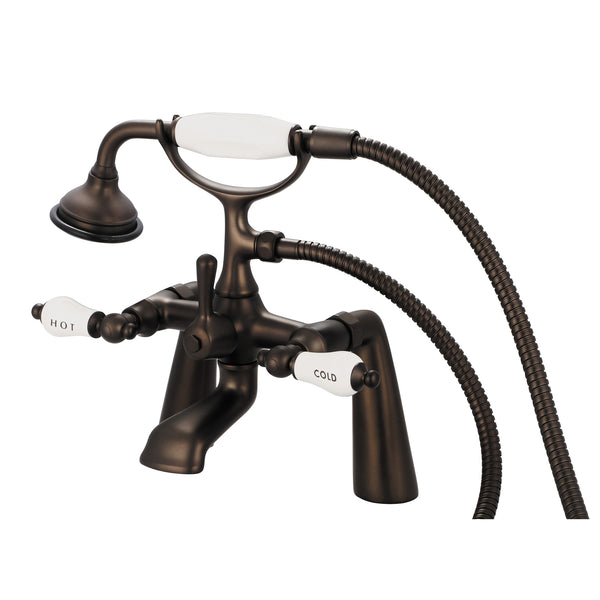 Vintage Classic 7 Spread Deck Mount Tub Faucet With Handheld Shower in Oil Rubbed Bronze Finish, With Porcelain Lever Handles, Hot And Cold Labels Included