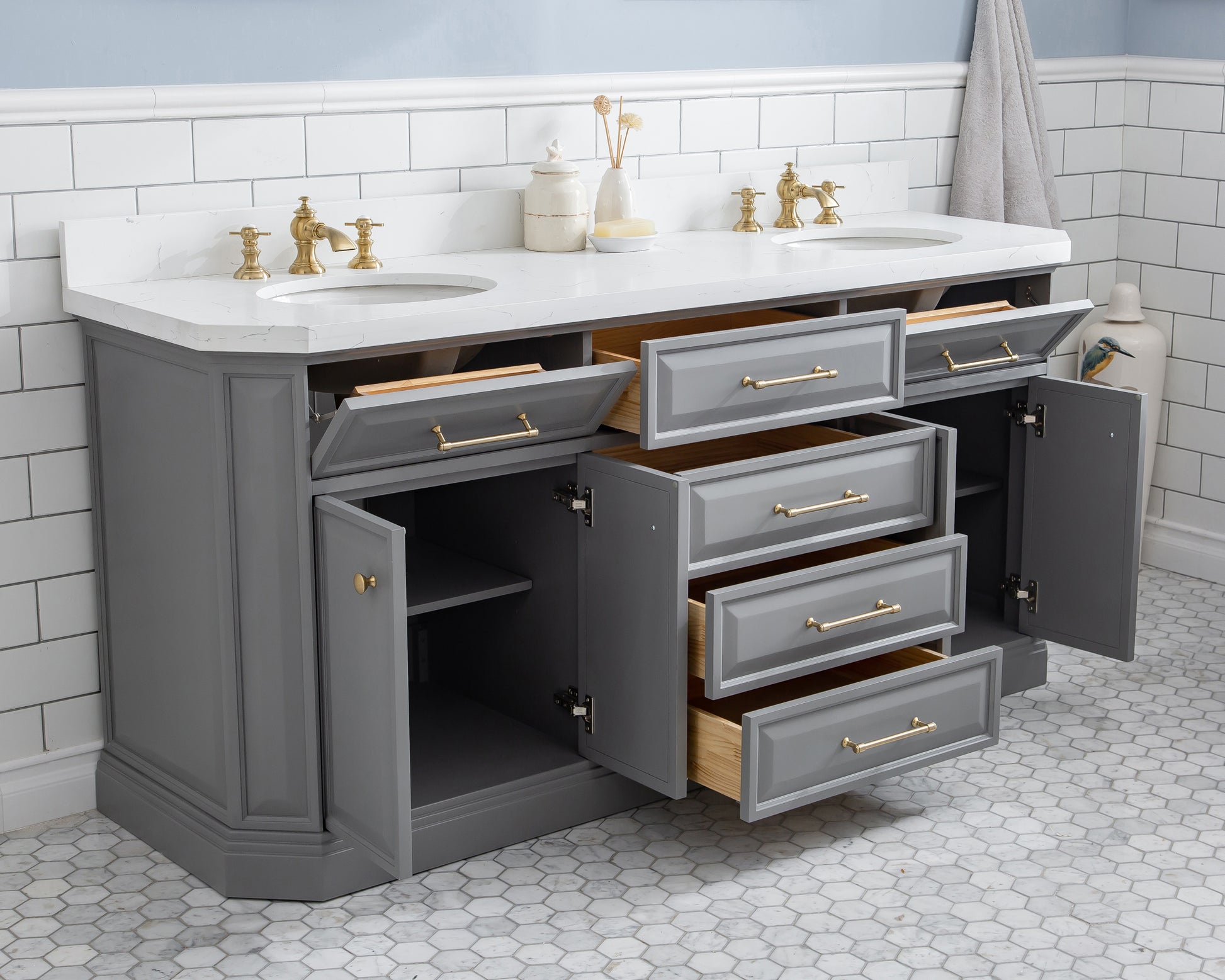 PALACE 72"W x 34"H Cashmere Gray Vanity with Carrara Quartz Countertop + Faucets & Mirrors (F2-0013), Satin Gold Finish Hardware & Chrome Finish Mirror (A)