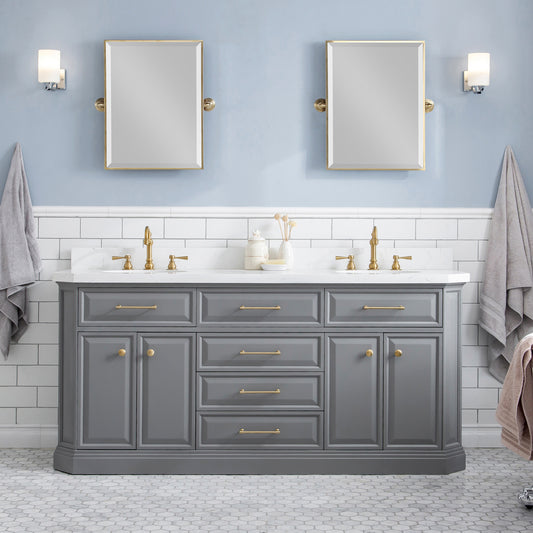 PALACE 72"W x 34"H Cashmere Gray Vanity with Carrara Quartz Countertop + Mirrors, Satin Gold Finish Hardware & Chrome Finish Mirror (B)