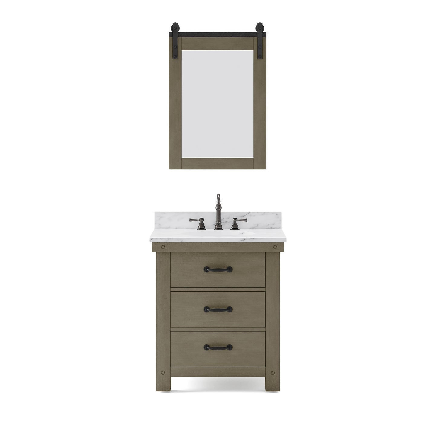 ABERDEEN 30"W x 34"H Grizzle Gray Single-Sink Vanity with Carrara White Marble Countertop + Hook Faucet and Mirror