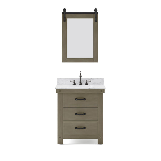 ABERDEEN 30"W x 34"H Grizzle Gray Single-Sink Vanity with Carrara White Marble Countertop + Hook Faucet and Mirror