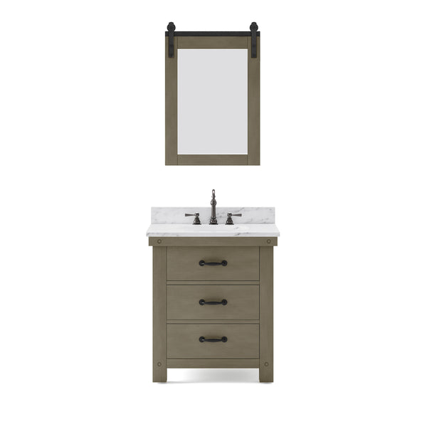 ABERDEEN 30W x 34H Grizzle Gray Single-Sink Vanity with Carrara White Marble Countertop + Hook Faucet and Mirror