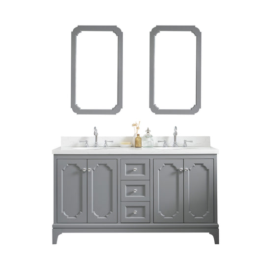 QUEEN 60"W x 34"H Cashmere Gray Double-Sink Vanity with Carrara Quartz Countertop + Faucets & Mirror (F2-0012-01-TL)