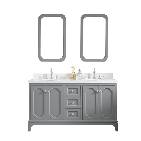 QUEEN 60W x 34H Cashmere Gray Double-Sink Vanity with Carrara Quartz Countertop + Faucets & Mirror (F2-0012-01-TL)