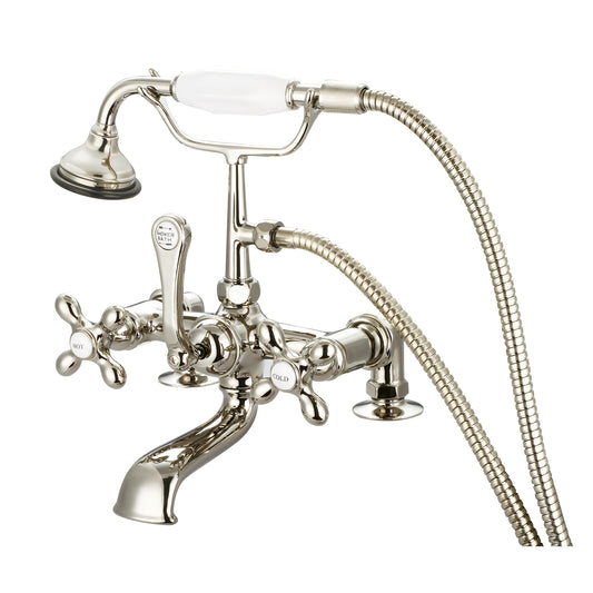 Vintage Classic 7" Spread Deck Mount Tub Faucet With 2" Risers & Handheld Shower in Polished Nickel Finish, With Metal Lever Handles, Hot And Cold Labels Included