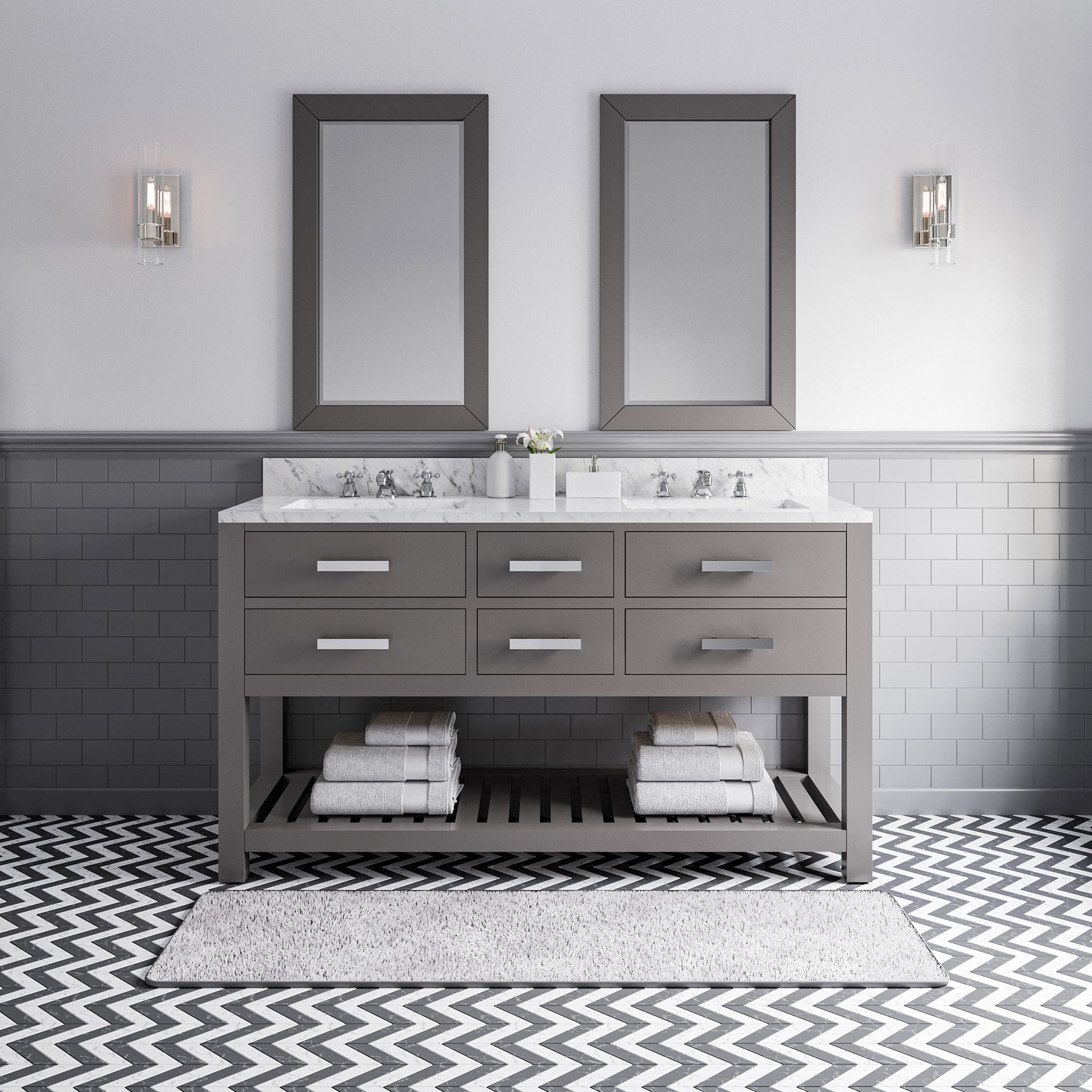 MADALYN 60"W x 34"H Cashmere Gray Double-Sink Vanity + Faucets & Mirrors