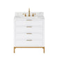 BRISTOL 30"W x 34"H Pure White Single-Sink Vanity with Carrara White Marble Countertop + Satin Gold Hook Faucet