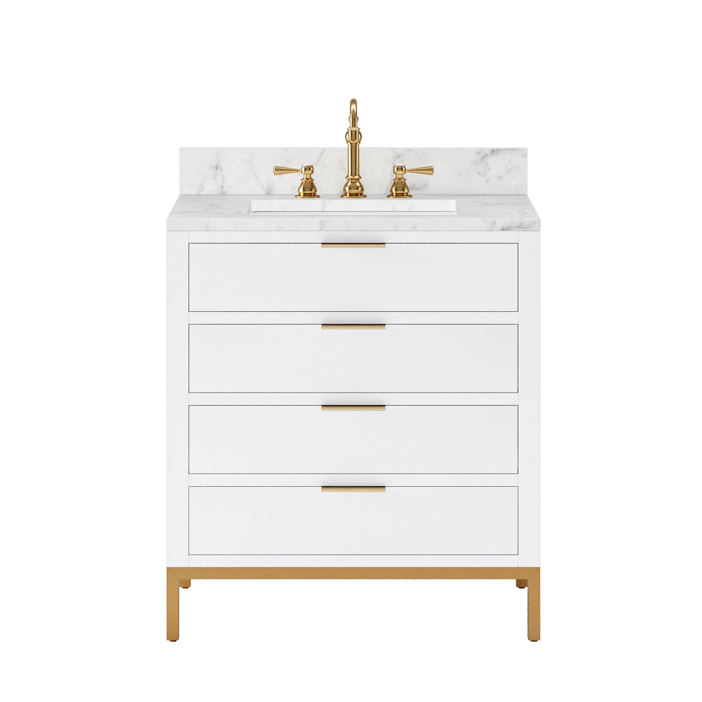 BRISTOL 30"W x 34"H Pure White Single-Sink Vanity with Carrara White Marble Countertop + Satin Gold Hook Faucet