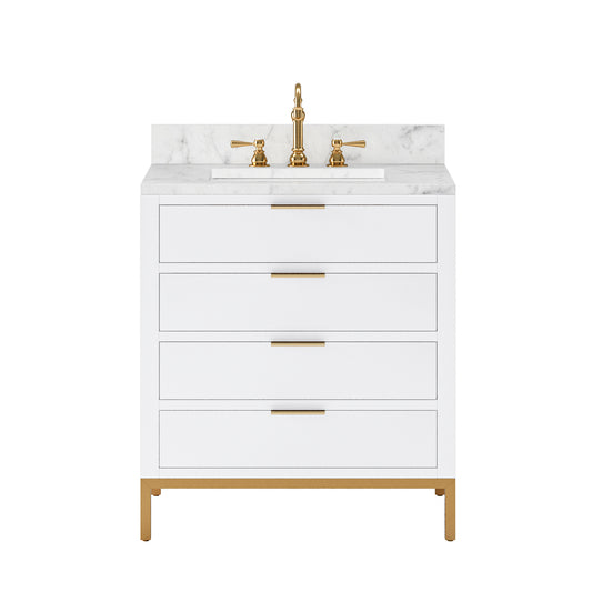 BRISTOL 30"W x 34"H Pure White Single-Sink Vanity with Carrara White Marble Countertop + Satin Gold Hook Faucet