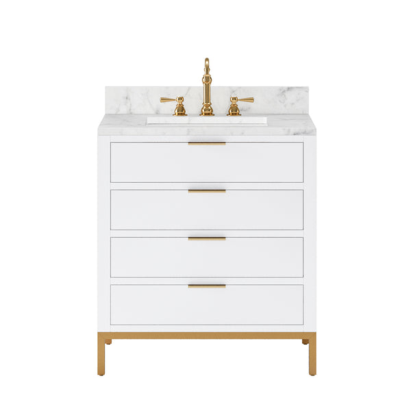 BRISTOL 30W x 34H Pure White Single-Sink Vanity with Carrara White Marble Countertop + Satin Gold Hook Faucet