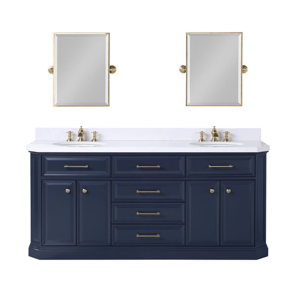 PALACE 72W x 34.2H Monarch Blue Double-Sink Vanity with White Quartz Countertop + Faucets & Mirrors (Waterfall Faucets)