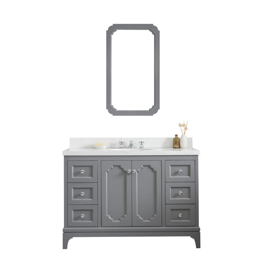 QUEEN 48"W x 34"H Cashmere Gray Single-Sink Vanity with Carrara Quartz Countertop + Faucets & Mirror (F2-0009-01-BX)