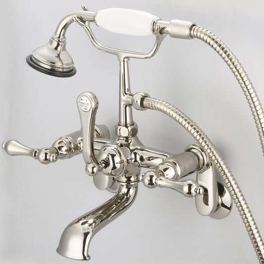 Vintage Classic Adjustable Center Wall Mount Tub Faucet With Swivel Wall Connector & Handheld Shower in Polished Nickel Finish, With Metal Lever Handles Without Labels