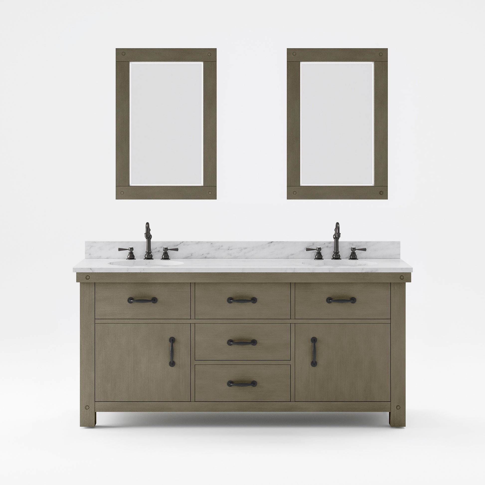 ABERDEEN 72"W x 34"H Grizzle Gray Double-Sink Vanity with Carrara White Marble Countertop + Mirrors