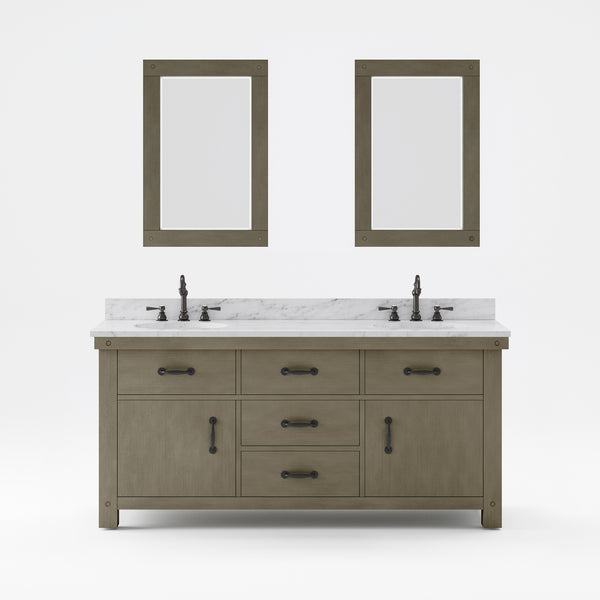 ABERDEEN 72W x 34H Grizzle Gray Double-Sink Vanity with Carrara White Marble Countertop + Mirrors