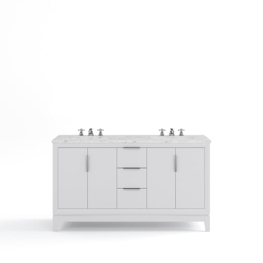 ELIZABETH 60"W x 34.25"H Pure White Double-Sink Vanity with Carrara White Marble Countertop + Faucets (F2-0009-01-BX)