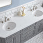 PALACE 72"W x 34"H Cashmere Gray Vanity with Carrara Quartz Countertop + Faucets (F2-0012), Polished Nickel Finish Hardware