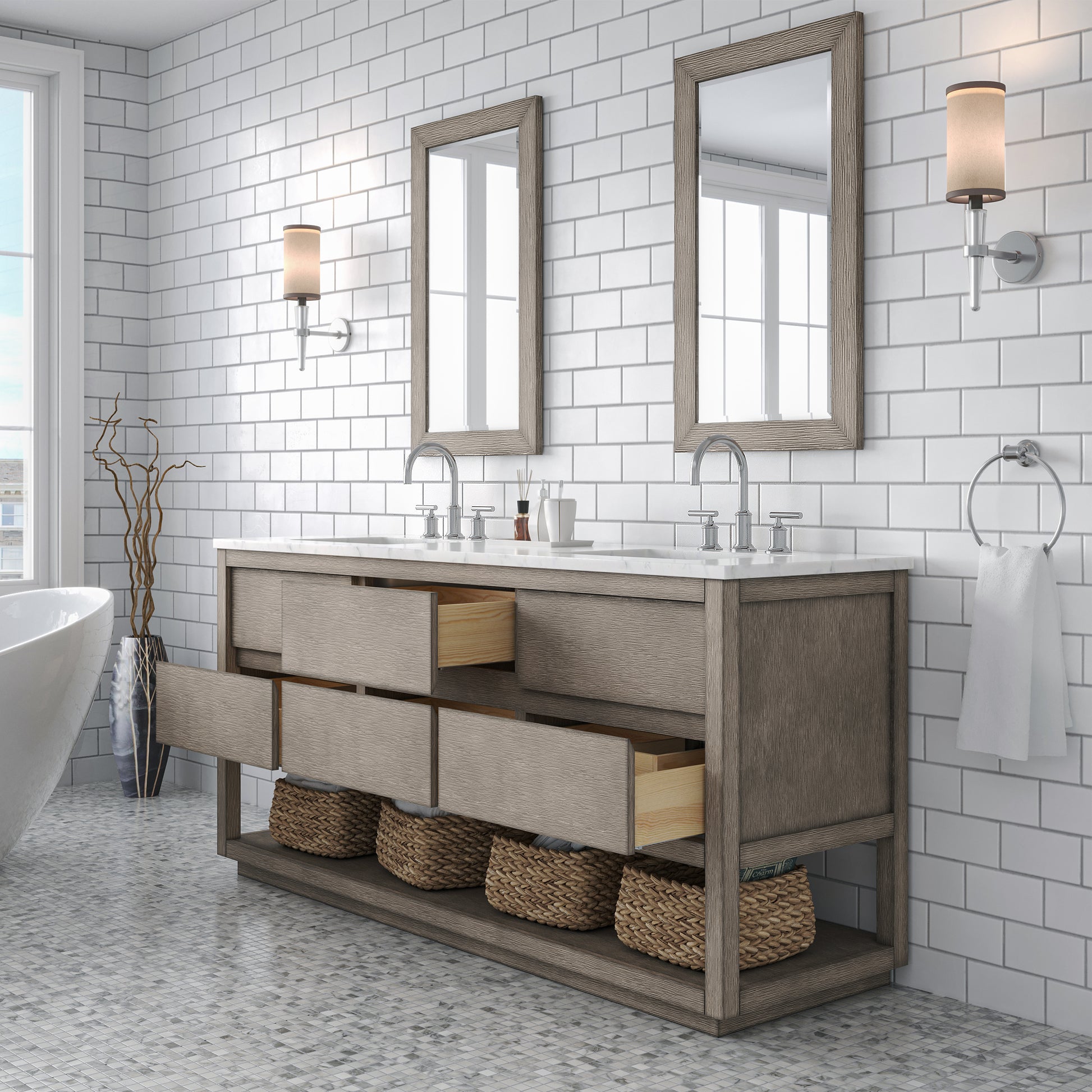 OAKMAN 72"W x 34.3"H Gray Oak Double-Sink Vanity with Carrara White Marble Countertop + Chrome Faucets and Rectangular Mirrors