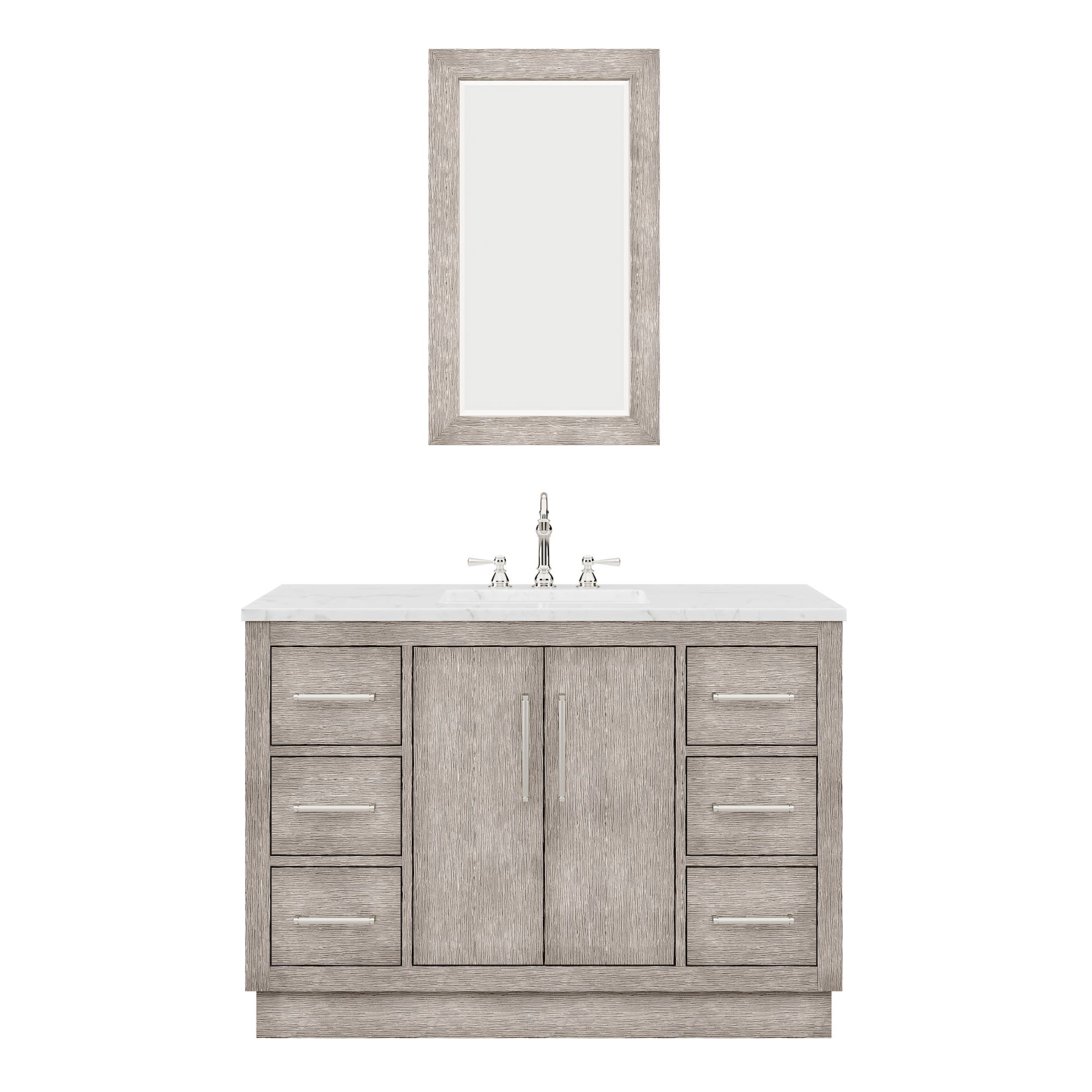 HUGO 48"W x 34.3"H Gray Oak Single-Sink Vanity with Carrara White Marble Countertop + Hook Faucet and Mirror