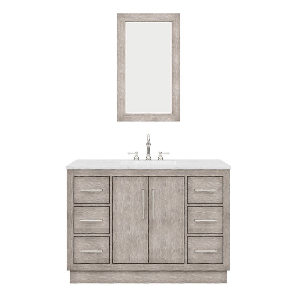 HUGO 48W x 34.3H Gray Oak Single-Sink Vanity with Carrara White Marble Countertop + Hook Faucet and Mirror