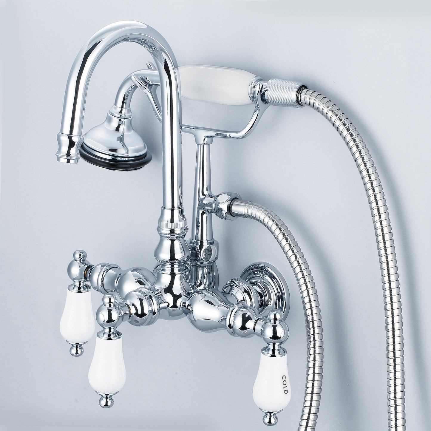 Vintage Classic 3.375" Center Wall Mount Tub Faucet With Gooseneck Spout, Straight Wall Connector & Handheld Shower in Chrome Finish, With Porcelain Lever Handles, Hot And Cold Labels Included