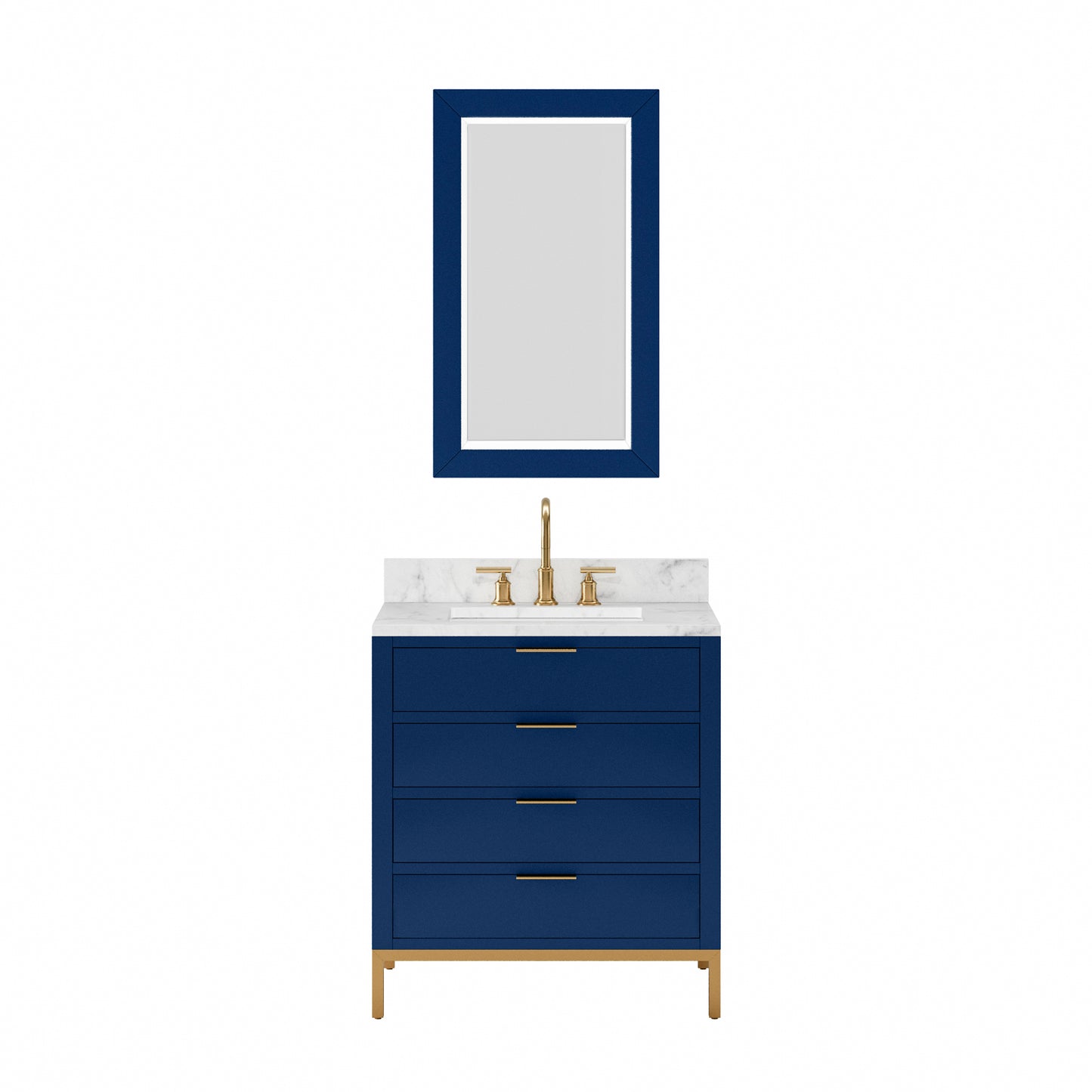 BRISTOL 30"W x 34"H Monarch Blue Single-Sink Vanity with Carrara White Marble Countertop + Satin Gold Gooseneck Faucet and Rectangular Mirror (S)