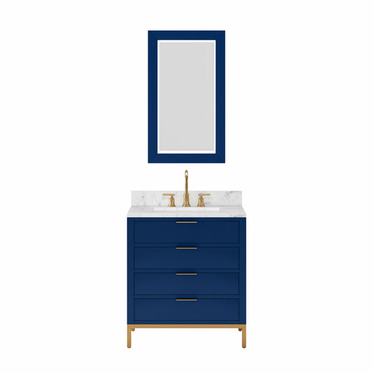 BRISTOL 30"W x 34"H Monarch Blue Single-Sink Vanity with Carrara White Marble Countertop + Satin Gold Gooseneck Faucet and Rectangular Mirror (S)