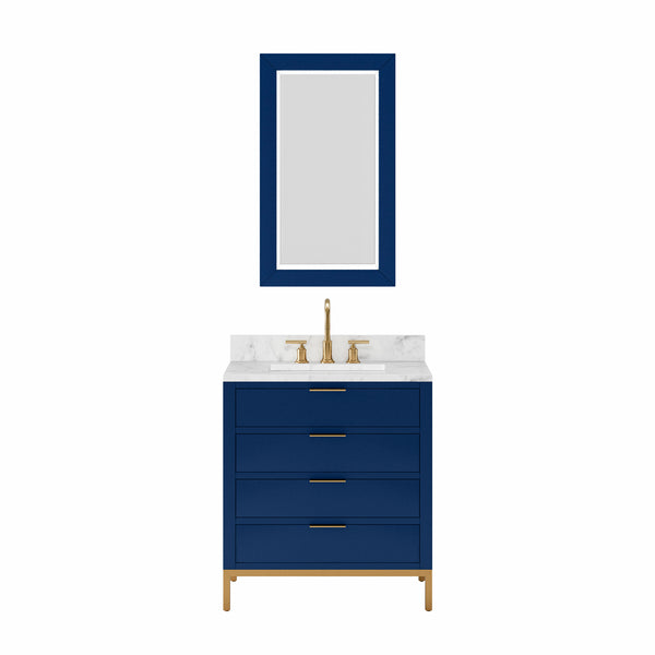 BRISTOL 30W x 34H Monarch Blue Single-Sink Vanity with Carrara White Marble Countertop + Satin Gold Gooseneck Faucet and Rectangular Mirror (S)