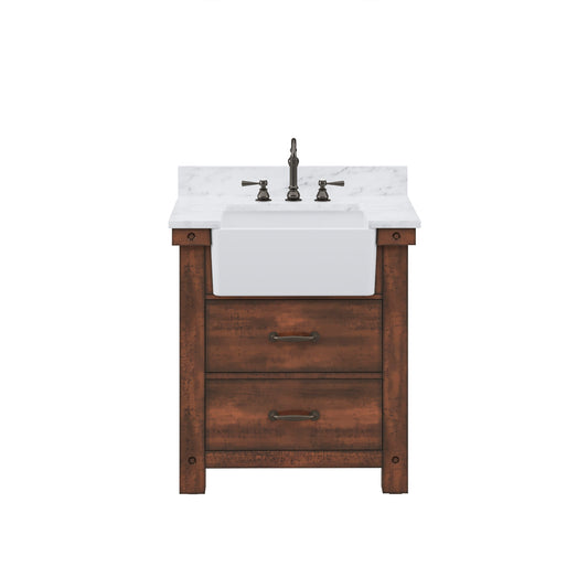 PAISLEY 31"W x 33"H Sierra Rustic Single-Sink Vanity with Carrara White Marble Countertop + Hook Faucet