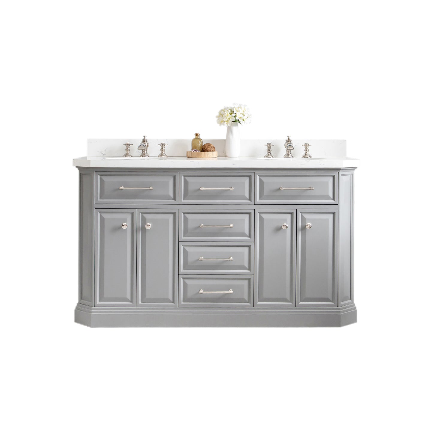 PALACE 60"W x 34"H Cashmere Gray Vanity with Carrara Quartz Countertop + Faucets (F2-0013), Polished Nickel Finish Hardware