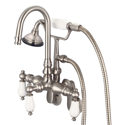 Vintage Classic Adjustable Spread Wall Mount Tub Faucet With Gooseneck Spout, Swivel Wall Connector & Handheld Shower in Brushed Nickel Finish, With Porcelain Lever Handles Without labels