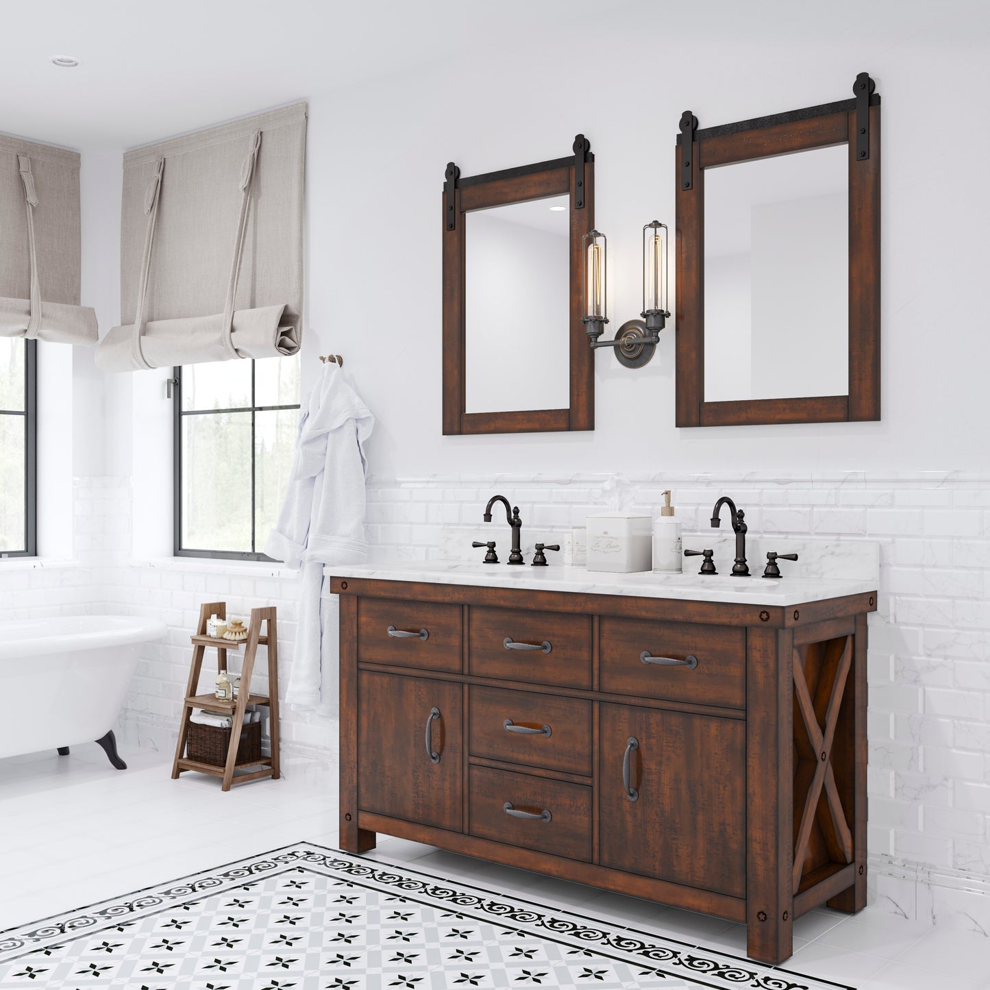 ABERDEEN 60"W x 34"H Sierra Rustic Double-Sink Vanity with Carrara White Marble Countertop + Mirrors