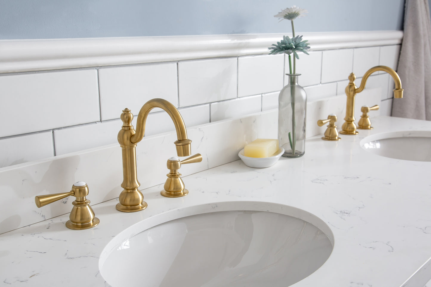 PALACE 60"W x 34"H Pure White Vanity with Carrara Quartz Countertop + Faucets & Mirrors (F2-0012), Satin Gold Finish Hardware & Chrome Finish Mirror (A)