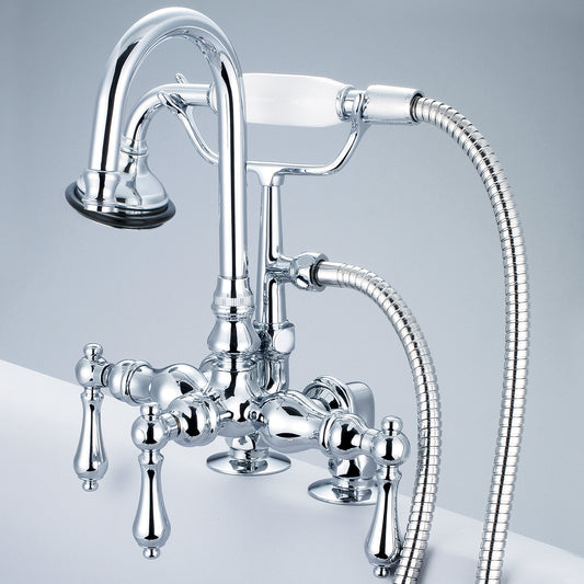 Vintage Classic 3.375" Center Deck Mount Tub Faucet With Gooseneck Spout, 2" Risers & Handheld Shower in Chrome Finish, With Metal Lever Handles Without Labels