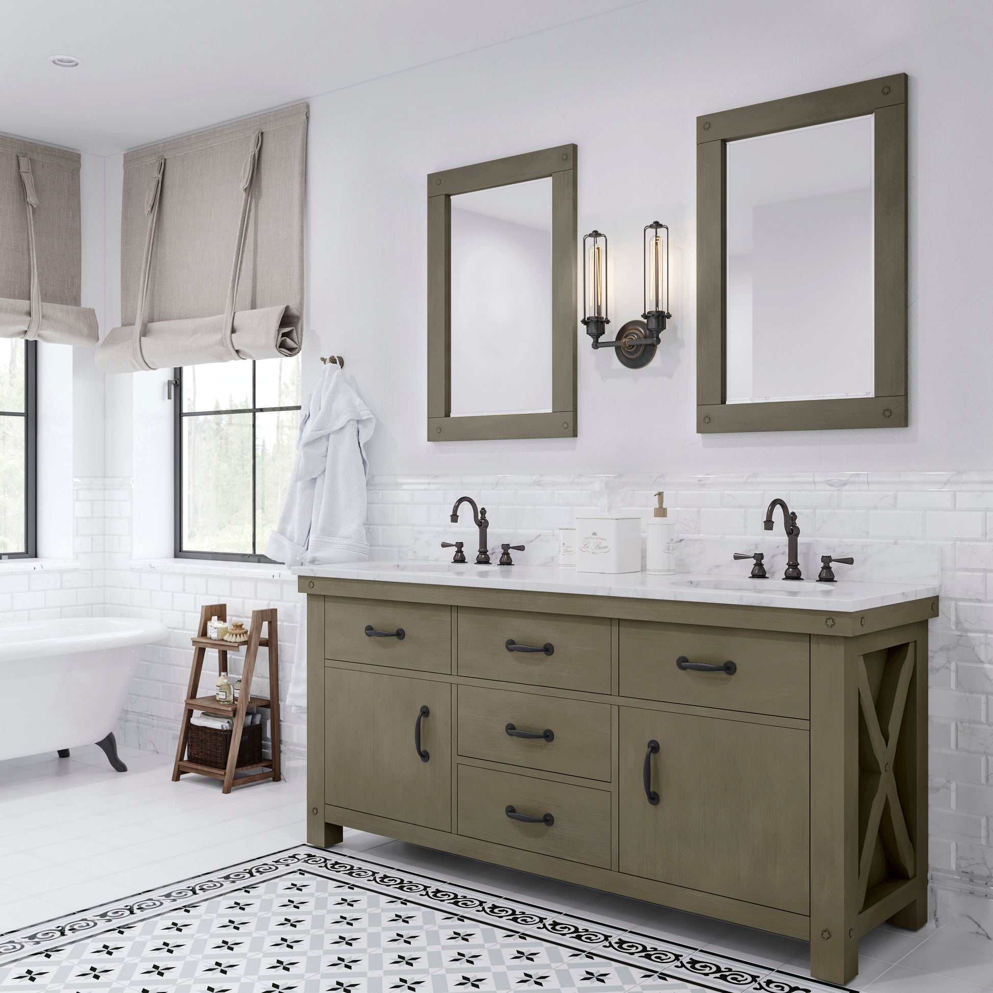 ABERDEEN 72"W x 34"H Grizzle Gray Double-Sink Vanity with Carrara White Marble Countertop + Faucets & Mirrors