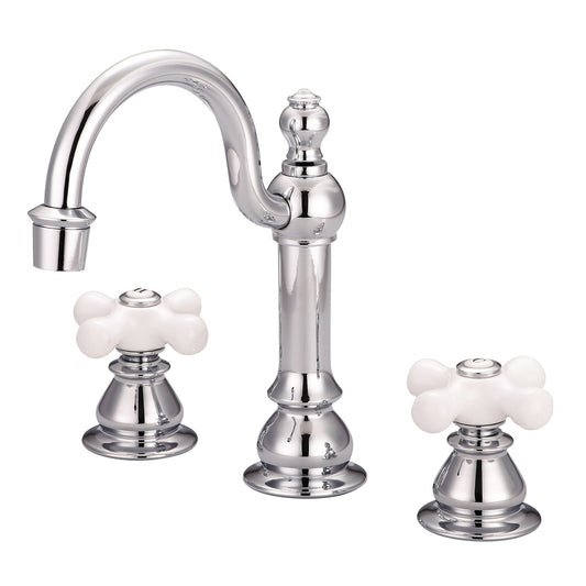 American 20th Century Classic Widespread Bathroom F2-0012 Faucets With Pop-Up Drain in Chrome Finish, With Porcelain Cross Handles, Hot And Cold Labels Included