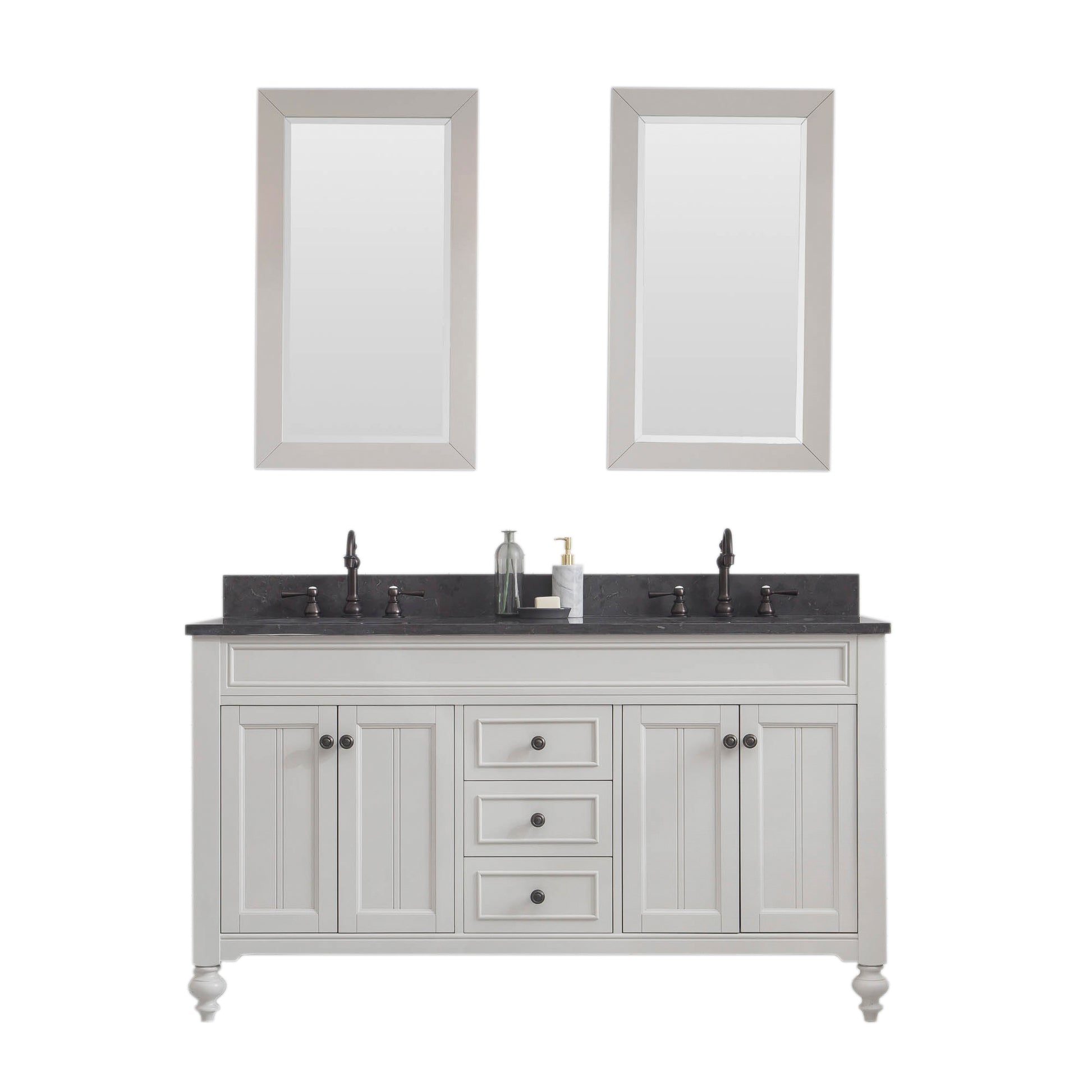 POTENZA 60"W x 34"H Earl Gray Vanity with Blue Limestone Countertop + Faucets B & Mirror