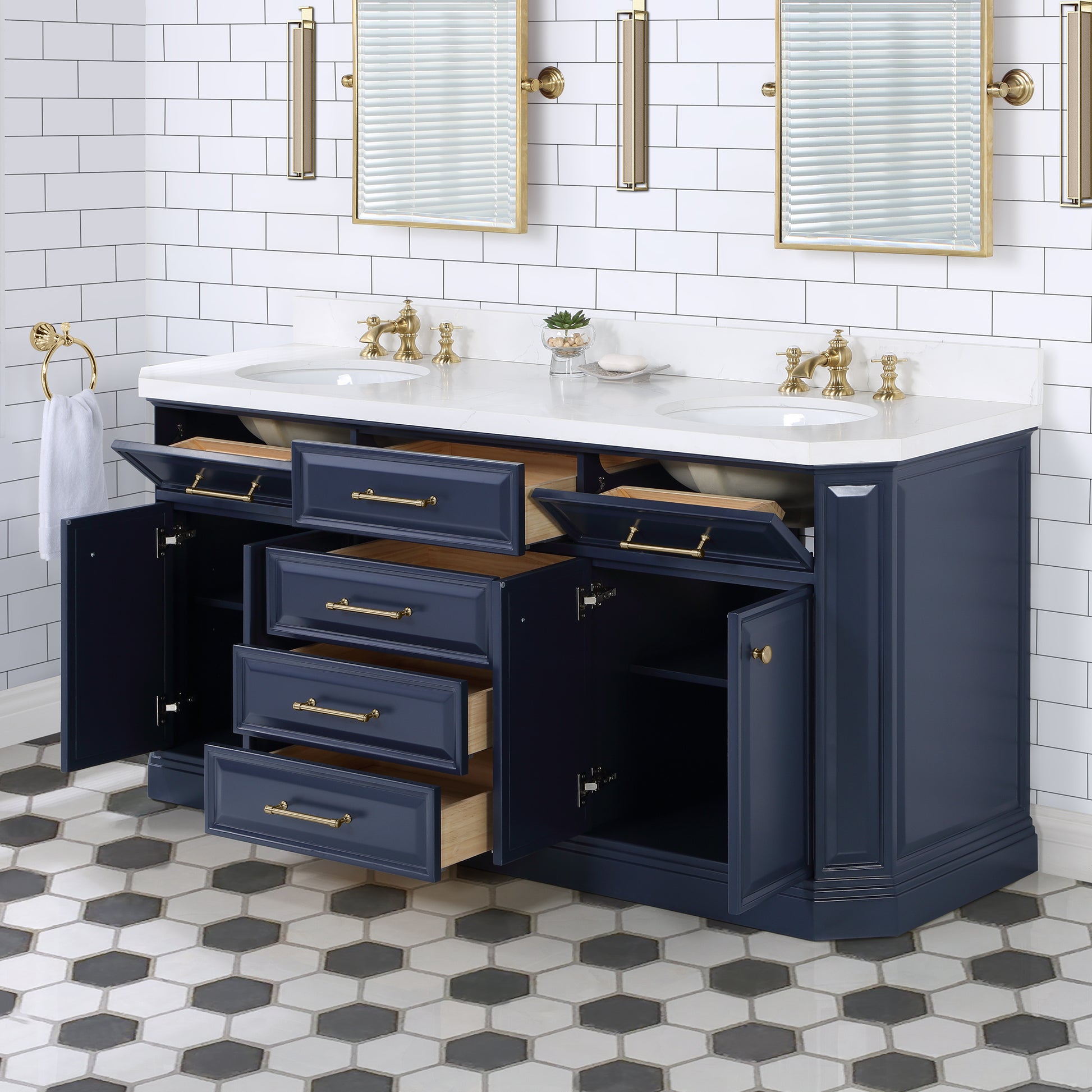 PALACE 72"W x 34.2"H Monarch Blue Double-Sink Vanity with White Quartz Countertop + Faucets (Waterfall Faucets)