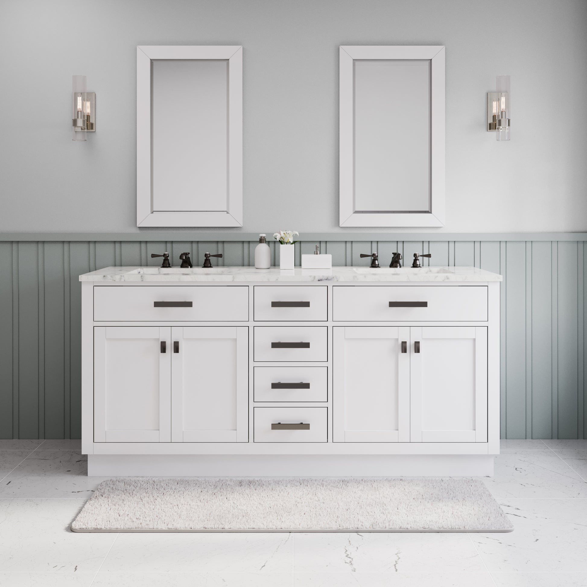 HARTFORD 72"W x 34"H Pure White Double-Sink Vanity with Carrara White Marble Countertop + Classic Faucet