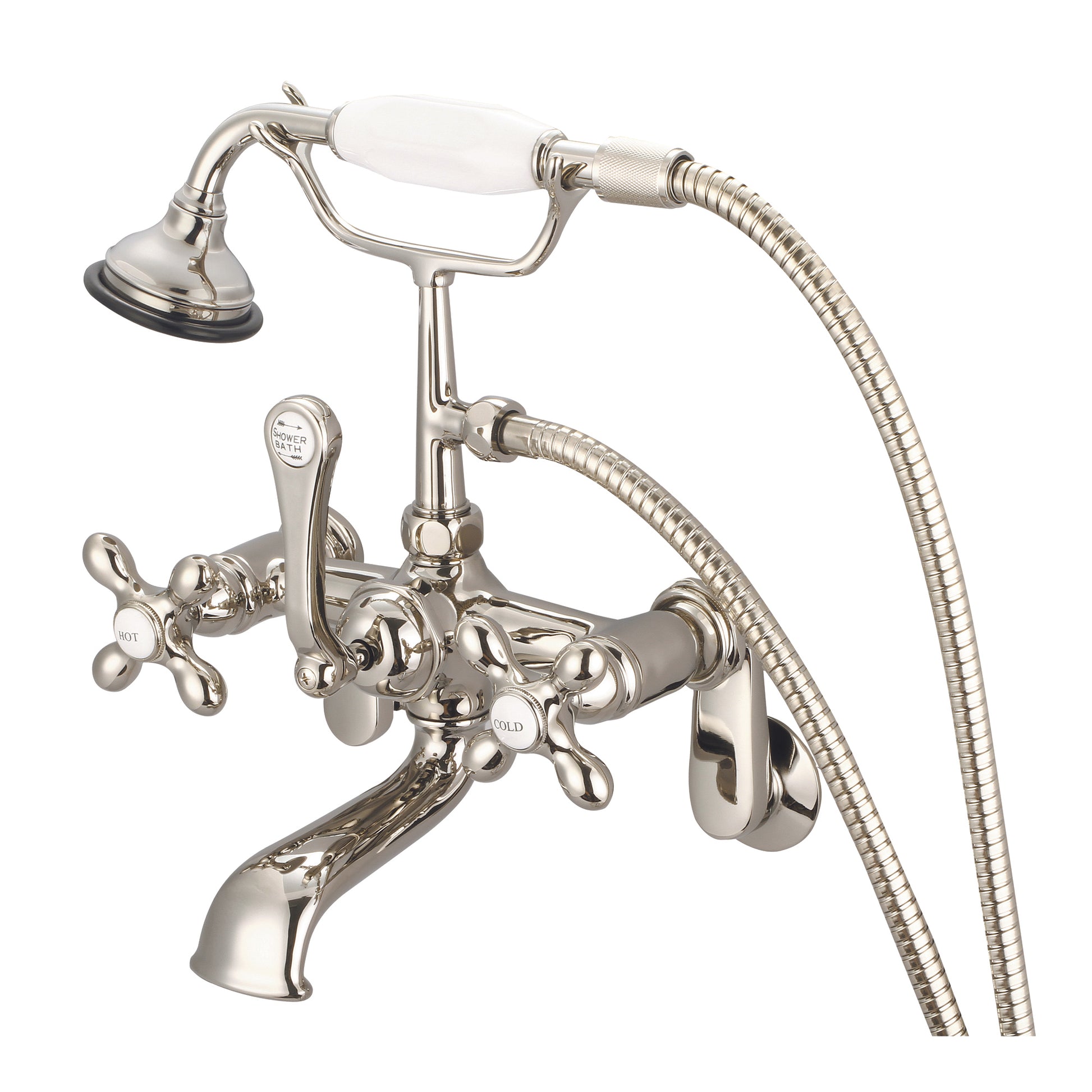 Vintage Classic Adjustable Center Wall Mount Tub Faucet With Swivel Wall Connector & Handheld Shower in Polished Nickel Finish, With Metal Lever Handles, Hot And Cold Labels Included