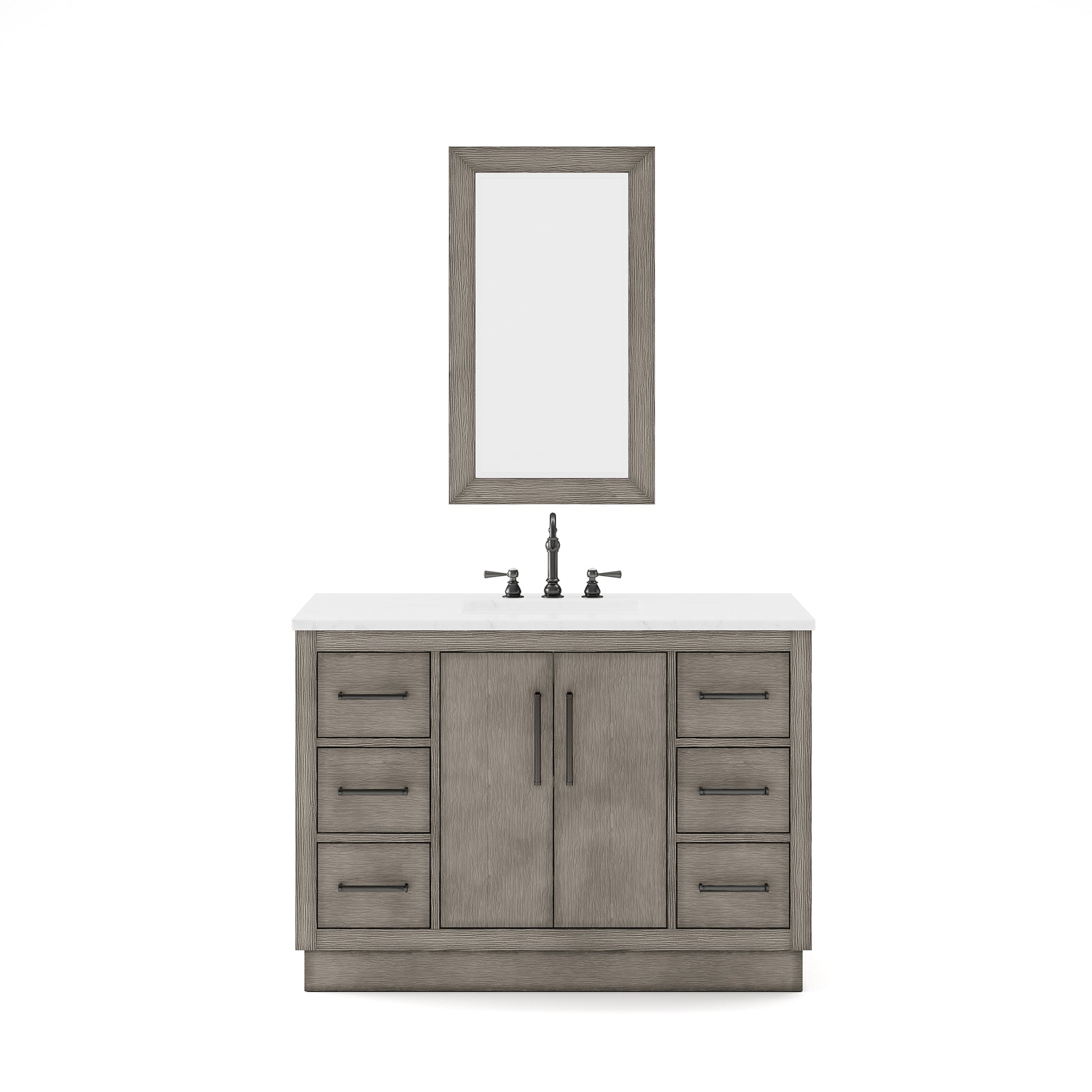 HUGO 48"W x 34.3"H Gray Oak Single-Sink Vanity with Carrara White Marble Countertop + Hook Faucet and Mirror