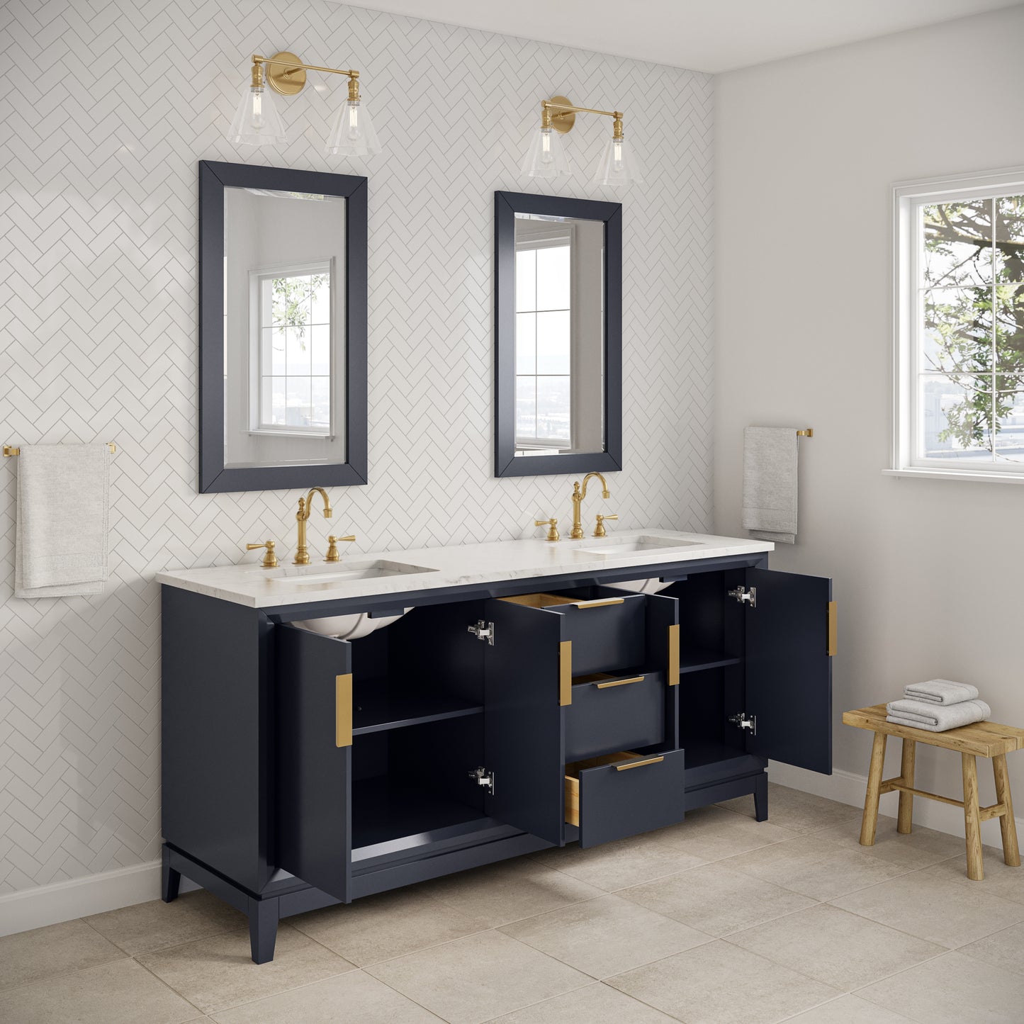 ELIZABETH 72"W x 34.25"H Monarch Blue Double-Sink Vanity with Carrara White Marble Countertop + Mirror