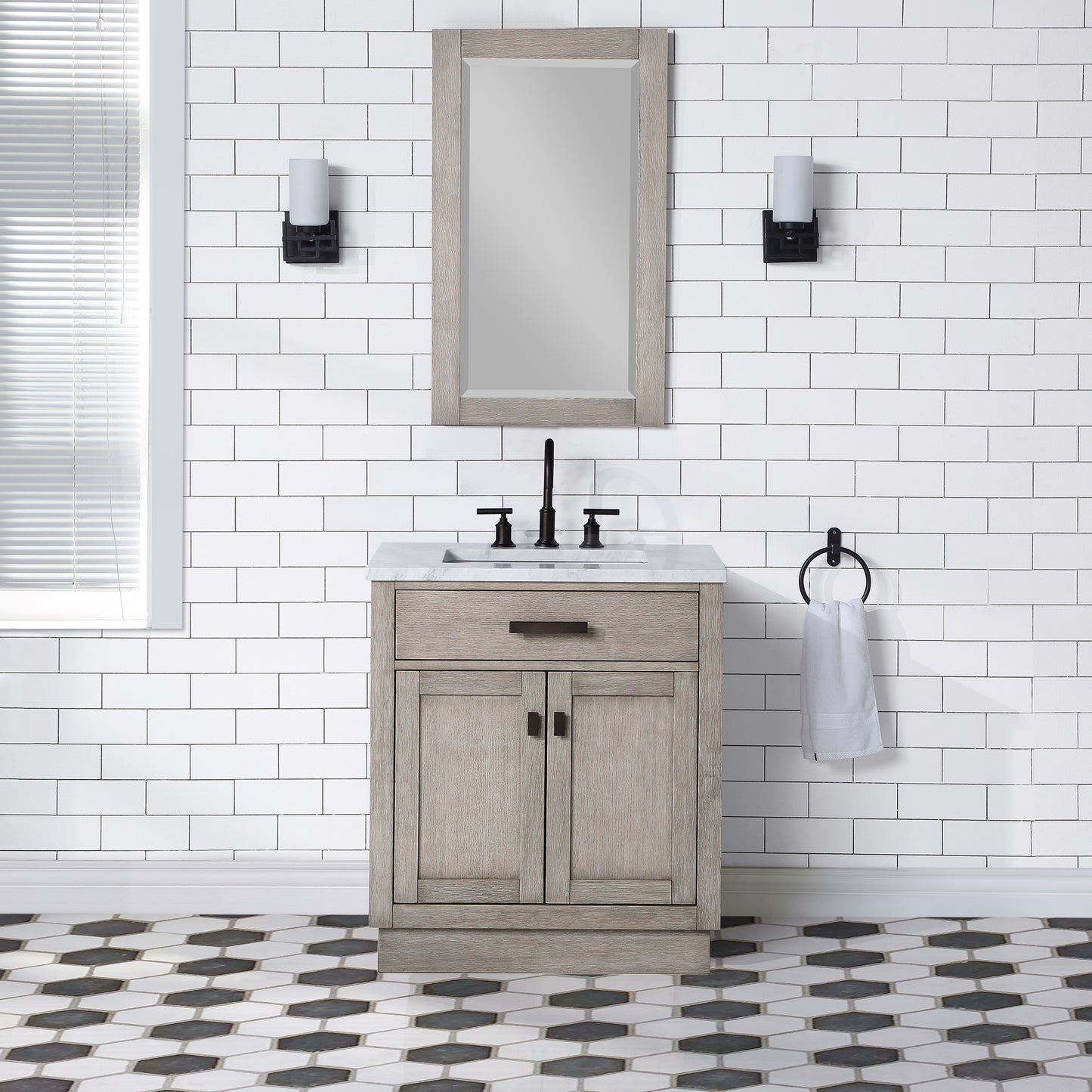 CHESTNUT 30"W x 34.2"H Gray Oak Single-Sink Vanity with Carrara White Marble Countertop + Faucet & Mirror