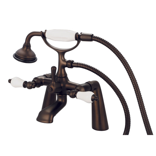 Vintage Classic 7" Spread Deck Mount Tub Faucet With Handheld Shower in Oil Rubbed Bronze Finish, With Porcelain Lever Handles Without labels