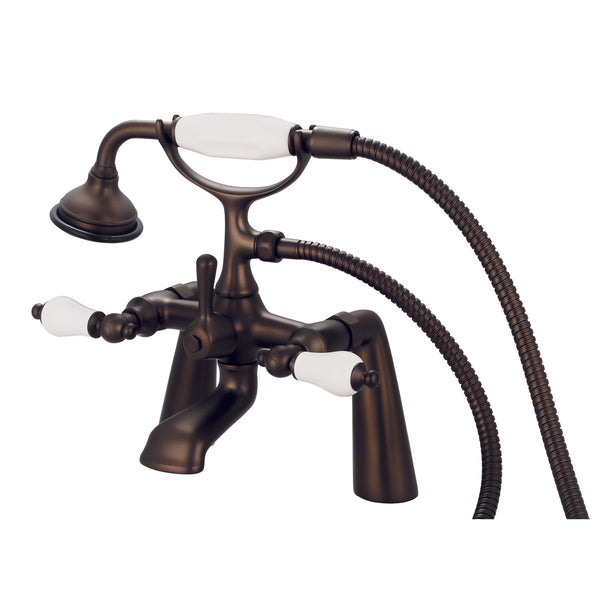 Vintage Classic 7 Spread Deck Mount Tub Faucet With Handheld Shower in Oil Rubbed Bronze Finish, With Porcelain Lever Handles Without labels