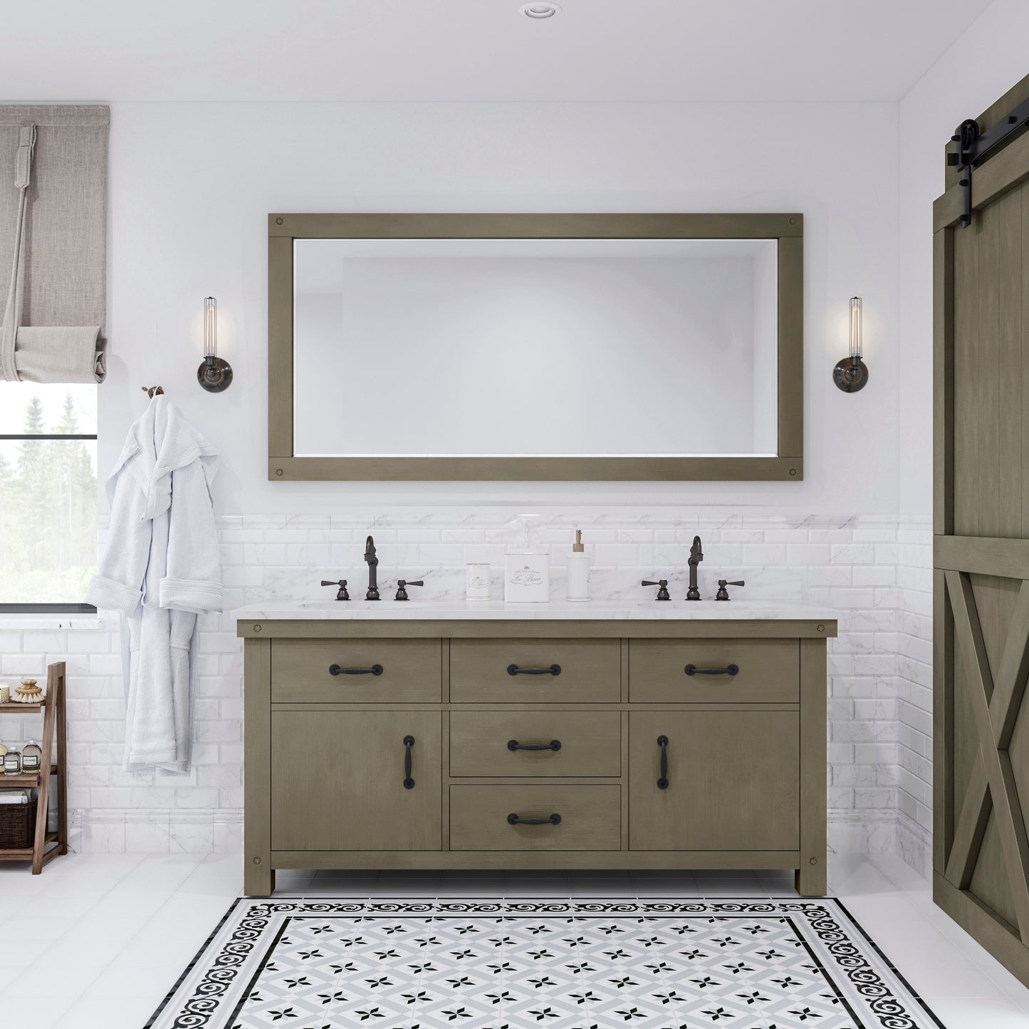 ABERDEEN 72"W x 34"H Grizzle Gray Double-Sink Vanity with Carrara White Marble Countertop + Mirror