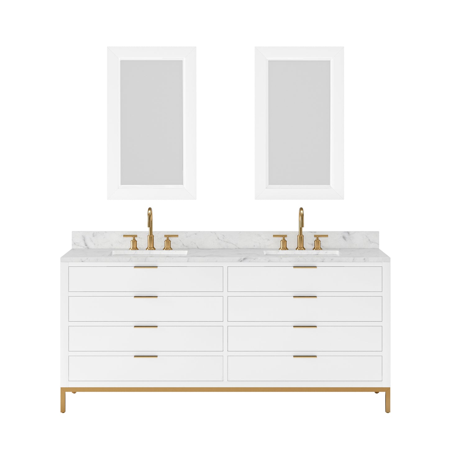 BRISTOL 72"W x 34"H Pure White Double-Sink Vanity with Carrara White Marble Countertop + Satin Gold Gooseneck Faucets and Rectangular Mirrors (S)