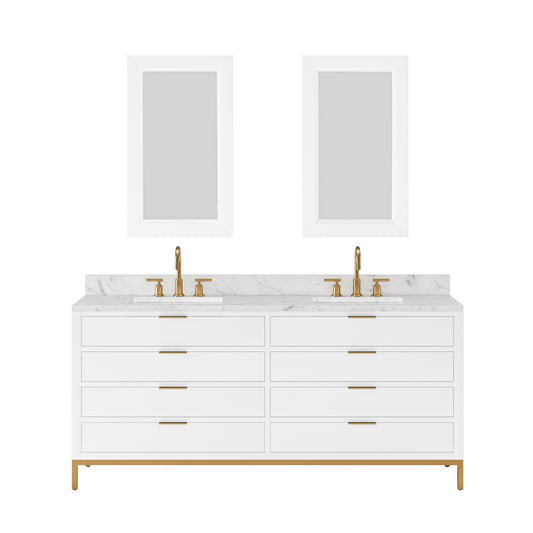 BRISTOL 72"W x 34"H Pure White Double-Sink Vanity with Carrara White Marble Countertop + Satin Gold Gooseneck Faucets and Rectangular Mirrors (S)