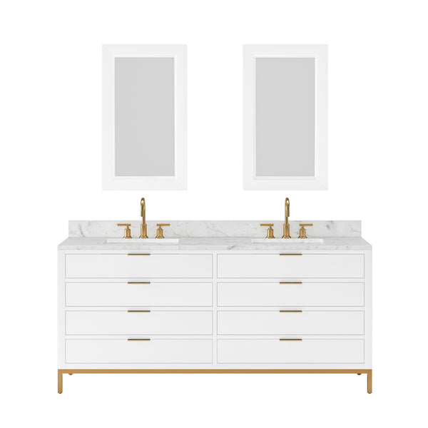 BRISTOL 72W x 34H Pure White Double-Sink Vanity with Carrara White Marble Countertop + Satin Gold Gooseneck Faucets and Rectangular Mirrors (S)