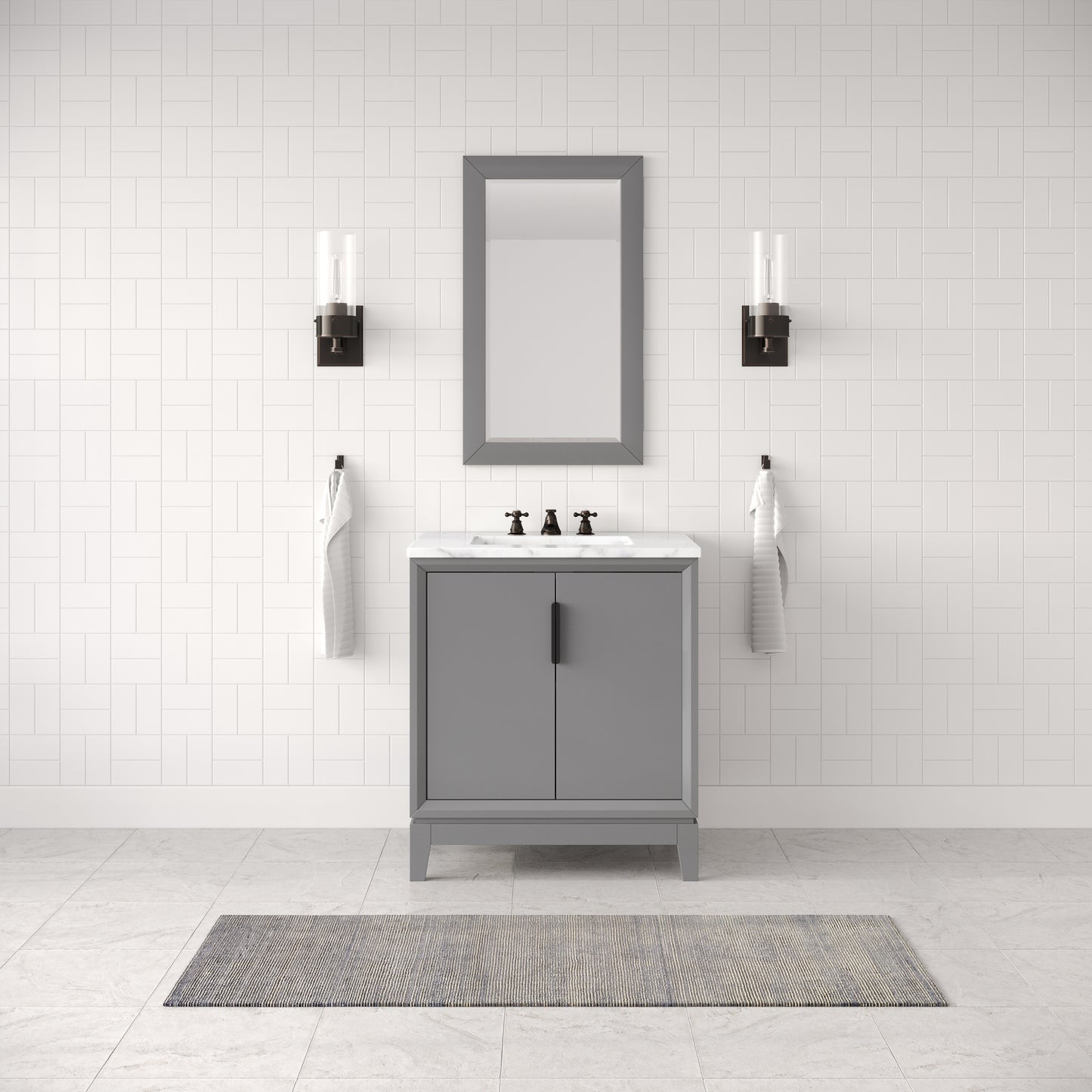 ELIZABETH 30"W x 34.25"H Cashmere Gray Single-Sink Vanity with Carrara White Marble Countertop + Faucets (F2-0009-03-BX)